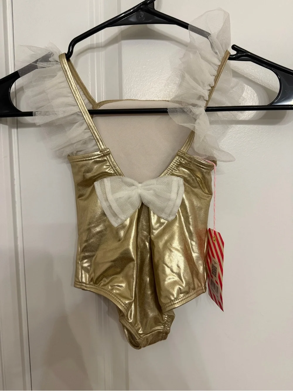 Billieblush Metallic Gold Tulle-Shoulder One-Piece Swimsuit